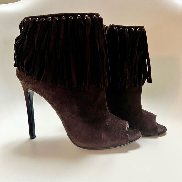 Prada Suede Fringe Peep Toe Bootie Dark Brown EU 38 EUC MSRP $1145 - Picture 2 of 10